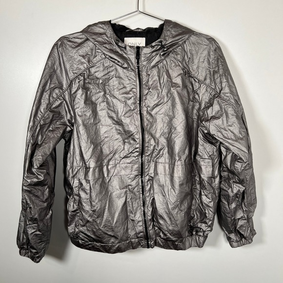 Only Other - Rave Futuristic Metallic Silver Windbreaker ONLY Hooded Crinkle Zip Up Jacket